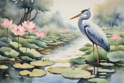 Masterpiece, best quality, runny watercolor painting of lotus flowers, growing in a ditch, with a heron standing on the bank of the ditch, surrounded by ancient trees, ultra sharp detail