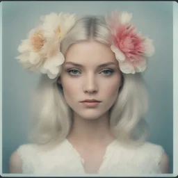 1970s Polaroid head shot of a stunning young platinum straight haired woman, hair loosely pulled up and adorned with big flowers.
