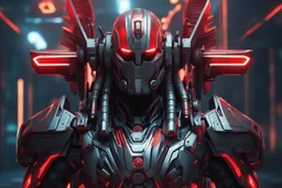 Cyber Machine in 4k realistic cg artstyle, Angel Warrior them, neon red details, full body, apocalypse, intricate details, highly detailed, high details, detailed portrait, masterpiece,ultra detailed,best quality