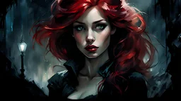 Graphic Novel Full Body Portrait Of Disney Ariel, Gorgeous Red Hair, Big Wide Set Eyes, Cute Nose, Big Pouty Lips, Unique Moody Face, Femme Fatale, Black teddy and stockings At Night, Cinematic Detailed Mysterious Sharp Focus High Contrast Dramatic Volumetric Lighting,:: dark mysterious esoteric atmosphere :: digital matt painting by Jeremy Mann + Carne Griffiths + Leonid Afremov, black canvas, dramatic shading, detailed face