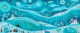 A cyan winter tundra with falling snowflakes designed in Japanese Oni masks painted by Wassily Kandinsky