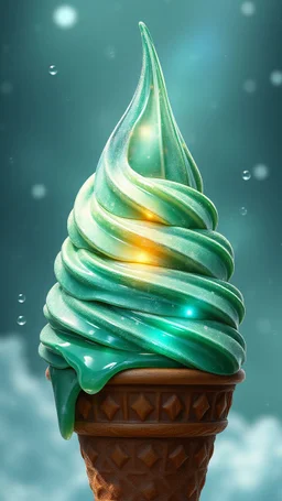 art create a 4k image of fof ice cream cone in it an illustration in the style of Luis Royo, planet Rarth as an ice cream large droplets of viscous syrupy fluid, burnished jade, planet earth in crystal shape