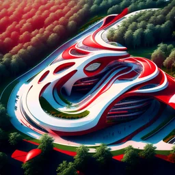 Park , Zaha Hadid style architecture, ultra quality, hyper detailed, digital art, 8k 3D, aerial view, maximalist, red and white color