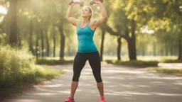 الصورة تُظهِر شخصًا يقوم بممارسة التمارين الرياضية في الهواء الطلق، حيث يرتدي ملابس رياضية ويمسك بالأوزان. تعكس الصورة التحفيز والتفاني في تحقيق نمط حياة صحي ومتوازن من خلال ممارسة النشاط البدني. تُجسِّد هذه الصورة أهمية الحفاظ على الوزن المثالي وتوجيه الجهود نحو الوقاية من السمنة والسرطان من خلال النشاط البدني اليومي.