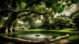 Capture a shot of a large tree with a wooden swing hanging from two ropes, The birds should be flying around the tree and chirping.