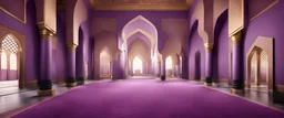 Hyper Realistic Inside View of purple wall mosque with some empty area on side with maroon carpet & black-golden pillars
