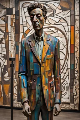 A life-size, emotionally charged male figure of Alberto Giacometti, carved with intricate details borrowed from Henry Moore's design language. Picasso's vivid colors paint the figure with a heavy dose of emotion, while Egon Schiele's expression fuels the intensity of his expression. Zoran's intricate music details emerge in the background in the form of a swirling, rhythmic pattern, adding an unusual dimension to the painting.