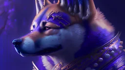 a beautiful portrait of a inu dog by greg rutkowski and wlop and sandra chevrier, purple blue color scheme, high key lighting, volumetric light, digital art, highly detailed, fine detail, intricate, ornate, complex, octane render, unreal engine