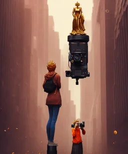 Statue of Queen of photography holding camera in hands. Cute blonde woman. Photographer in golden crown. Standing on the street. Big camera in her hand. hyperdetailed, photorealistic, trending on artstation, greg rutkowski, beksinski, kodachrome, volumetric lighting, gold and orange