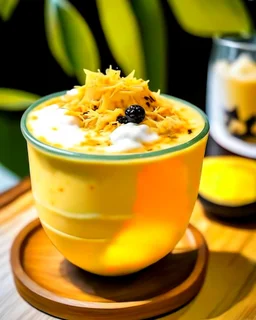 An interesting and visually descriptive boba drink, with a base of creamy coconut milk tea, topped with a layer of fresh mango puree and a sprinkle of toasted coconut flakes, served in a coconut shell for an added tropical touch.