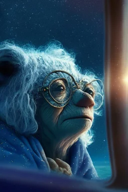 grandma koala, with background star field seen in the window of a boat, 4 k, trending art, depth of field, in the style of gorillaz