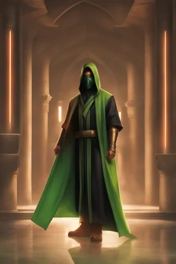 Full Body, Male Tan Human, Sith, Blindfold, Green Robes.