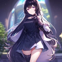 Clear focus,High resolution, black long fluffy hair, long fluffy bangs, purple eyes, wearing a cute outfit, wearing a short skirt