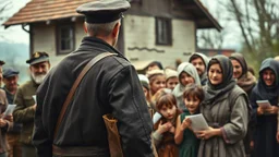 an man in a dark european, hungarian postman's uniform standing with his back to the camera with a large postman's bag on his left shoulder, he is only half visible from the european-hungarian villagers gathered around him, surrounded by men and women in vintage poor cloths. Some villagers are holding letters in their hands, sad and crying faces, a little boy staring at the postman, a crying little girl clinging to her mother's skirt, two women crying , high realistic, perfect photo