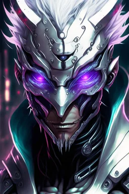 silver skinned anime Dragman cyberpunk with dragon mask in his eyes