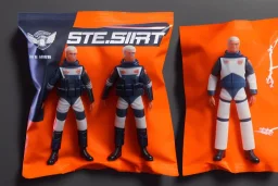 Mike pence G.i. Joe toy Space force uniform With Extra weapons inside a blister packaging hanging on a Wallrack in toystore, fluorescent orange, toy guns, wide angle shot whole body, black moonboots, fullsize