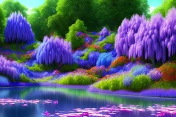 monde en fleurs, blue lake, flower tree-houses, concept art, crépuscule , fuksia bleu oranger, vibrant Color, réaliste, riviere bleu, tree-house wisteria, roses