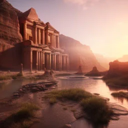 Petra, sunset, springs, beautiful, realistic, hyper detailed, unreal engine 5, octane render