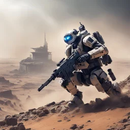 Scifi robotic sniper, kneeing on the top of a ruined building, in the dust