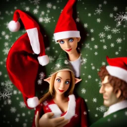 two elves. woman and man. Christmas scene. photorealistic. low-key