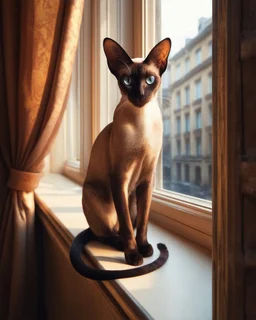 sleek Oriental Shorthair Siamese with rich chocolate point markings, its slender body poised elegantly on the narrow windowsill of an old, ornate apartment. The late afternoon sun casts golden streaks through the slightly parted curtains, illuminating the cat's almond-shaped, sapphire-blue eyes as it gazes intently at the bustling street below. Its large, bat-like ears twitch at distant sounds, while the delicate curve of its whip-like tail drapes over the edge of the sill. The window frame, wea