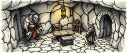artist drawn fantasy map of 4x4 meter room, with an ogre and an orc captain, and a chest under a table, the room is rough and cavelike, we also see winding paths around the room
