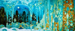 Cyan snowfields with a mystical cave painted by Gustav Klimt