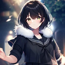 Clear focus, High resolution, fluffy black short hair, dark green eyes, wearing a black sailor uniform and pleated black skirt, fluffy hair, detailed outfit