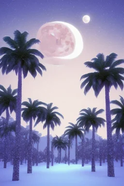 1980's aesthetic vaporwave palm trees with lighting with moon in the winter snow