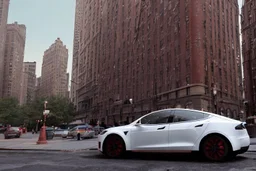 A Tesla 'Model S' is parked, near the Flatiron Building in Manhattan. (CINEMATIC, WIDE ANGLE LENS, PHOTO REAL)