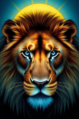 The face of a lion with blue eyes and a large sun behind its head.