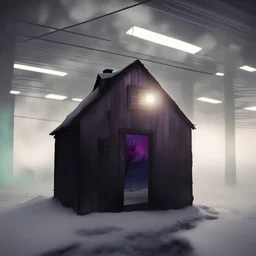 inside the cabin door is a winter tree with aurora borealis - in front of the cabin is just snowy ground without any evidence of humans