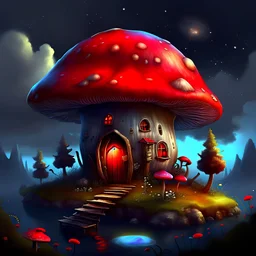 Wonderful spotless mushroom house in space. Floating Island in space. Black, crimson and cyan colored. fine detail oil painting photo realistic hyper detailed perfect composition trending on artstation.