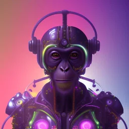 A beautiful portrait of a cyborg monkey purple neon color scheme, high key lighting, volumetric light high details psychedelic background