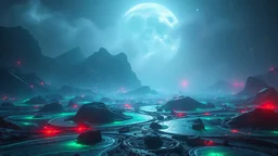 landscape covered in goo that looks futuristic with futuristic lighting, realistic rendering