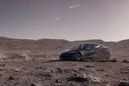 A Tesla 'Model Y' is drifting at high speeds, at the lunar landing site of the 'Apollo 11'. (CINEMATIC, WIDE ANGLE LENS, PHOTO REAL)
