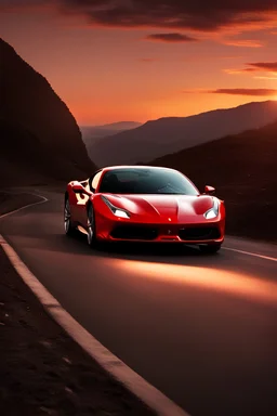 Ferrari 488 GTB Sunset lighting highlighting the car's sleek lines and vibrant red color Car positioned using the rule of thirds, with the focus on the front A winding mountain road, suggesting a thrilling drive Low angle shot emphasizing the car's aggressive stance Reflection of the sunset on the car's glossy paintwork