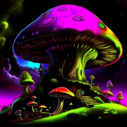 A fantabulous black, lime, and cherry (((mushroom tower house))) erected atop a (geologic pillar), surrounded by the uncanny imaginative ((( swirling skies))), offset by the stark hues of a (neon-tinged nebulous space scape), within. captured by the hand a skilled master painter with a focus on (softly blurred compositions and voluminous lighting).