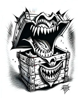 mimic treasure chest with teeth rpg art black and white sketch