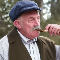 Old man in a flat cap with a thick salt and pepper mustache smoking a briar tobacco pipe.