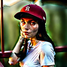 woman with a red baseball hat. leaning on a wooden balcony.night time. studio lightining.