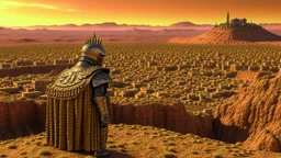 Desert warrior from behind looking at a city on a plato in the distance,