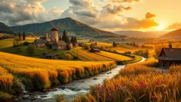 a village over high grassy hills,a small fall and river and wild flowers at river sides, trees houses ,next to Ripe wheat ready for harvest farm,windmill ,a few village local shops ,cloudy sun set sky,the the great Leonardo da Vinci is painting his monalisa and she is posing as model