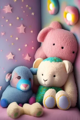 In a cozy child's room, nestled between colorful walls and fluffy pillows, lived a group of enchanting toys who magically came to life each night. Plushie the Sheep, Stardust the Star, Bubbles the Bunny, and Snuggles the Teddy Bear were the best of friends.