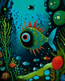 A greenish blue underwater abyss with angler fish designed in Oaxacan alebrijes painted by Paul Klee