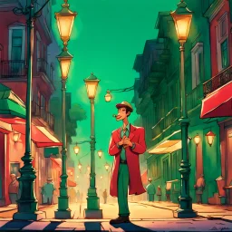 Saxophone player standing in the middle of the street, near street lamps, cartoon features style, New Orleans landscape, Lee Taifu, Disney animation, Red and Emerald, Jeff Danziger, Rough 2D animation --R 1:2 --Stylish 750 --v 6