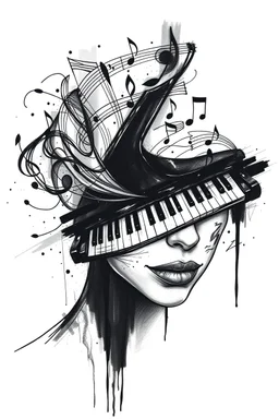 A realistic drawing in negative space black ink on white background of a musical notes and twisted piano keyboard with abstract brushstrokes face tattoos to enhance her face max enrist