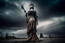 the statue of liberty, dress dirty and torn, her face solemn and terse, trash littered at her feet, she holds a crumpled american flag, she walks away with back turned under a dark and dreary sky, wide angle