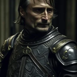 mads mikkelsen dresses in knight's armour, head fully in frame, high quality photo