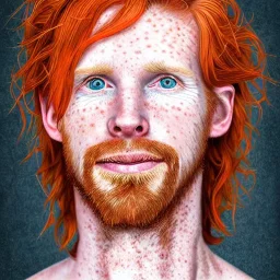 Portrait of young Courtney Gains as a ruggedly handsome, joyful, roguish pirate, charismatic, attractive male, masculine, perfect, precisely detailed clear eyes, unblemished, flawless skin, softly freckled face; meticulously detailed multi-hued ginger carrot-colored cherry fire red hair; fantasy, intricate, elegant, highly detailed, digital painting, concept art, matte, sharp focus, illustration, art by artgerm and greg rutkowski and alphonse mucha